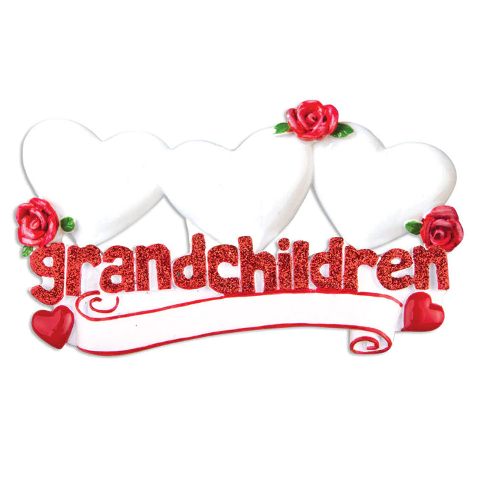 White triple heart ornament accented with red glitter "grandchildren" text, red roses, and hearts for Christmas decor under $50 collection