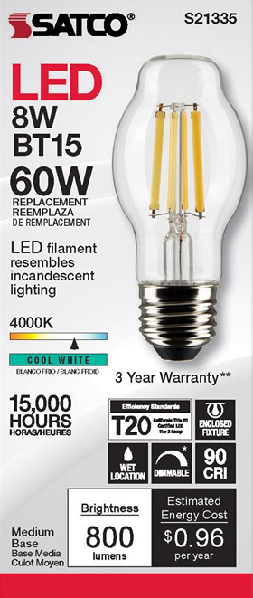 Clear LED filament bulb with medium base emitting cool white light, energy-saving with dimmable and wet location features