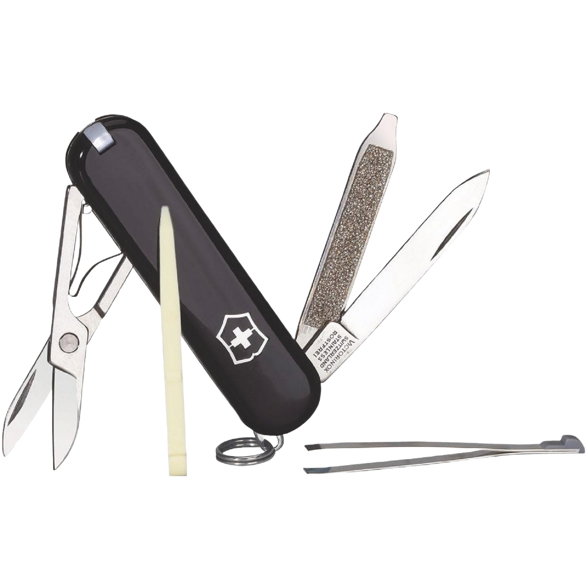 Compact black pocket knife with scissors, nail file, small blade, tweezers, toothpick, and key ring for everyday use