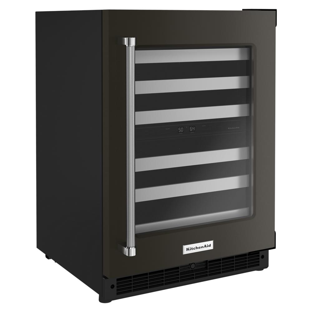 Black undercounter wine cellar with glass door, metal-front racks, and digital temperature controls in KitchenAid appliances collection