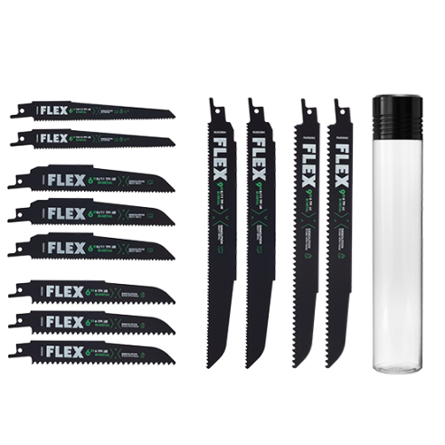 Varied FLEX demolition saw blades in black with different tooth designs and sizes for tools and home improvement projects