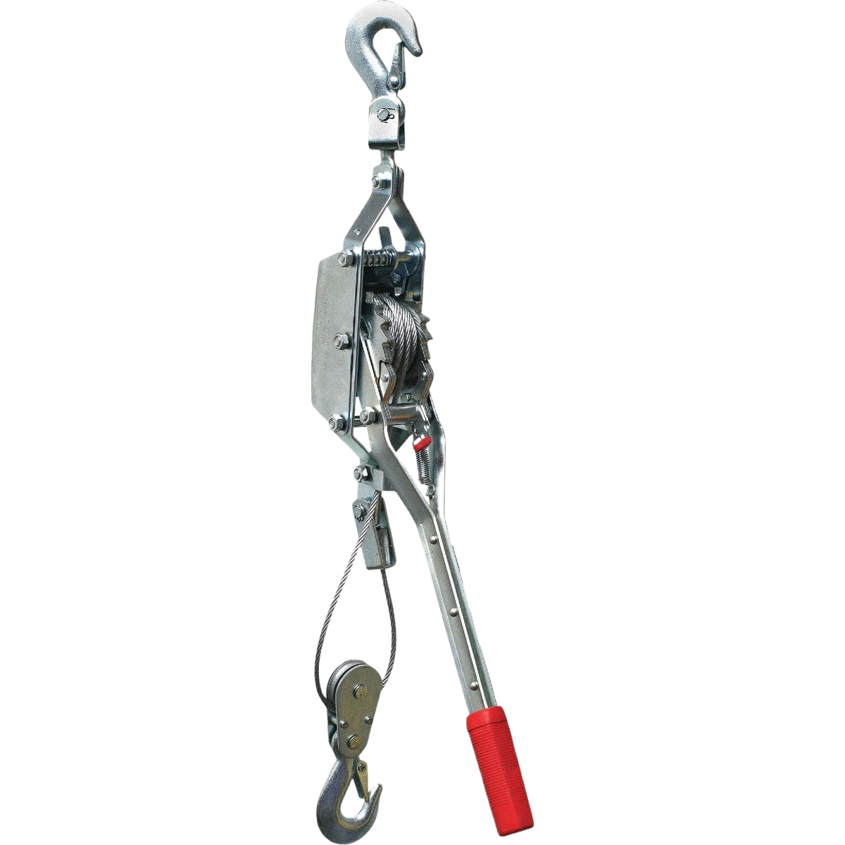 Metal 2-ton cable puller with hooks and red grip handle for tools and home improvement tasks