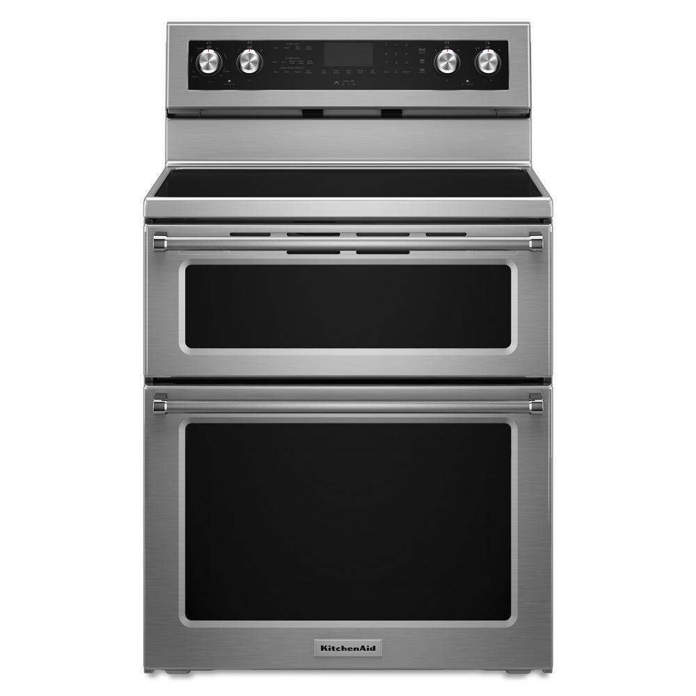 stainless steel electric double oven range with five burners and digital control panel in KitchenAid appliances collection