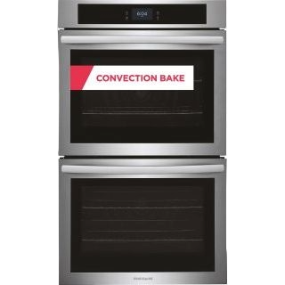 Stainless steel double wall oven with digital display and convection bake mode, part of kitchen appliances collection