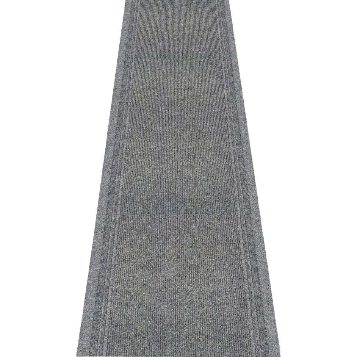 Gray carpet runner with subtle striped border pattern for hallway and home improvement use