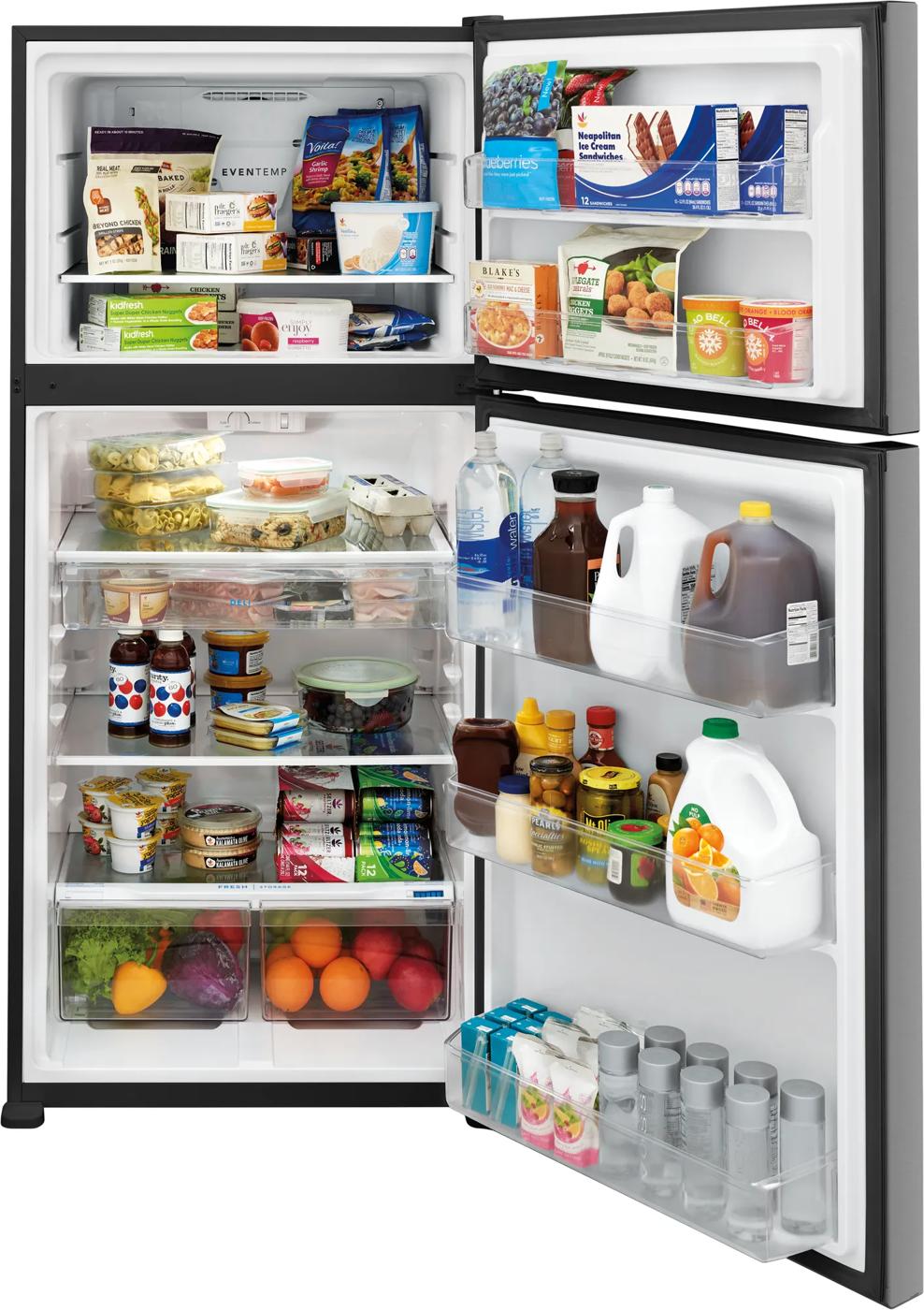 Open garage-ready top freezer refrigerator with glass shelves, crisper drawers, and door storage in Refrigerators and Appliances collections