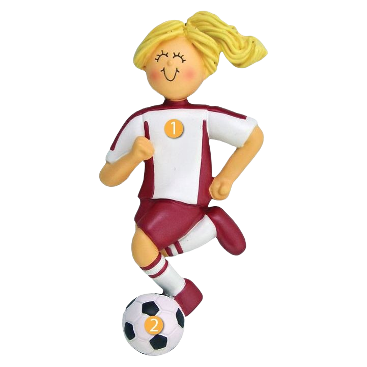 Blonde female soccer player ornament in red and white uniform with ball for Christmas Ornaments & Tree Decorations under $50 collection