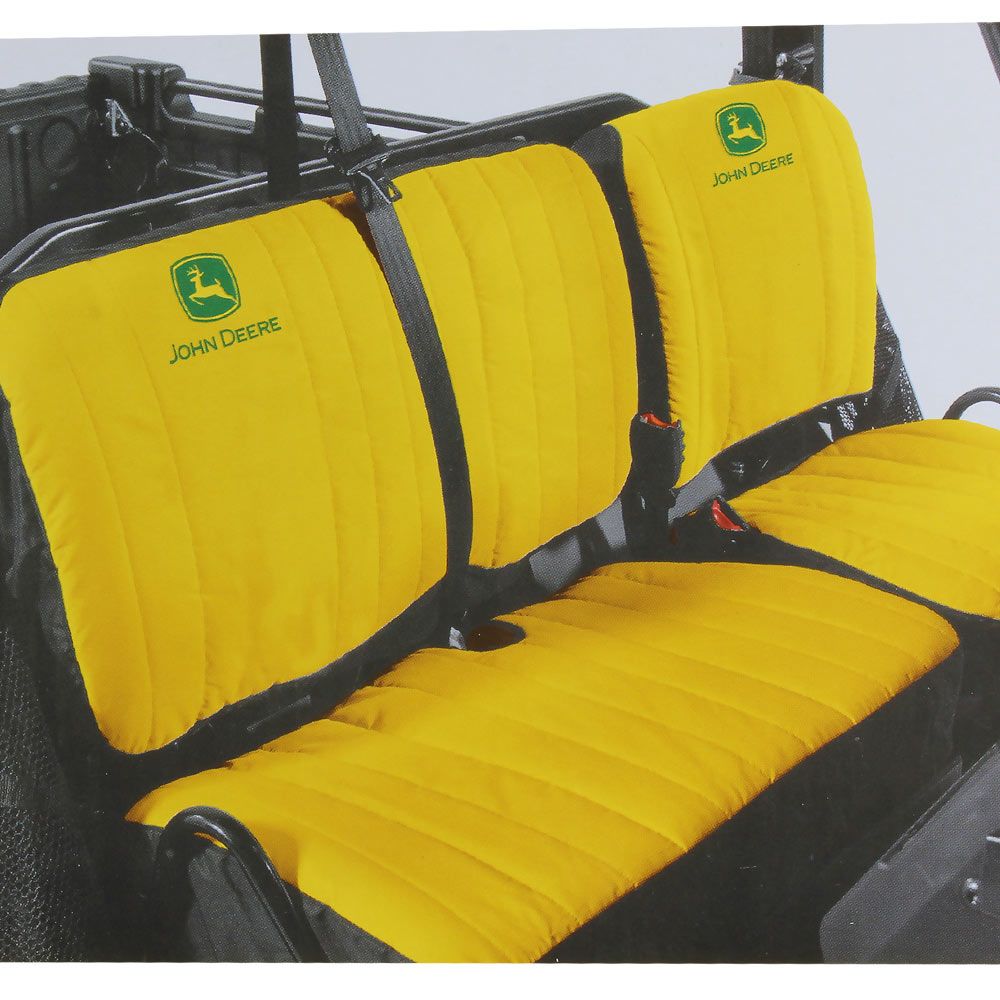 Bright yellow cushioned bench seat cover designed for John Deere Gator seats in automotive and tool accessories collections
