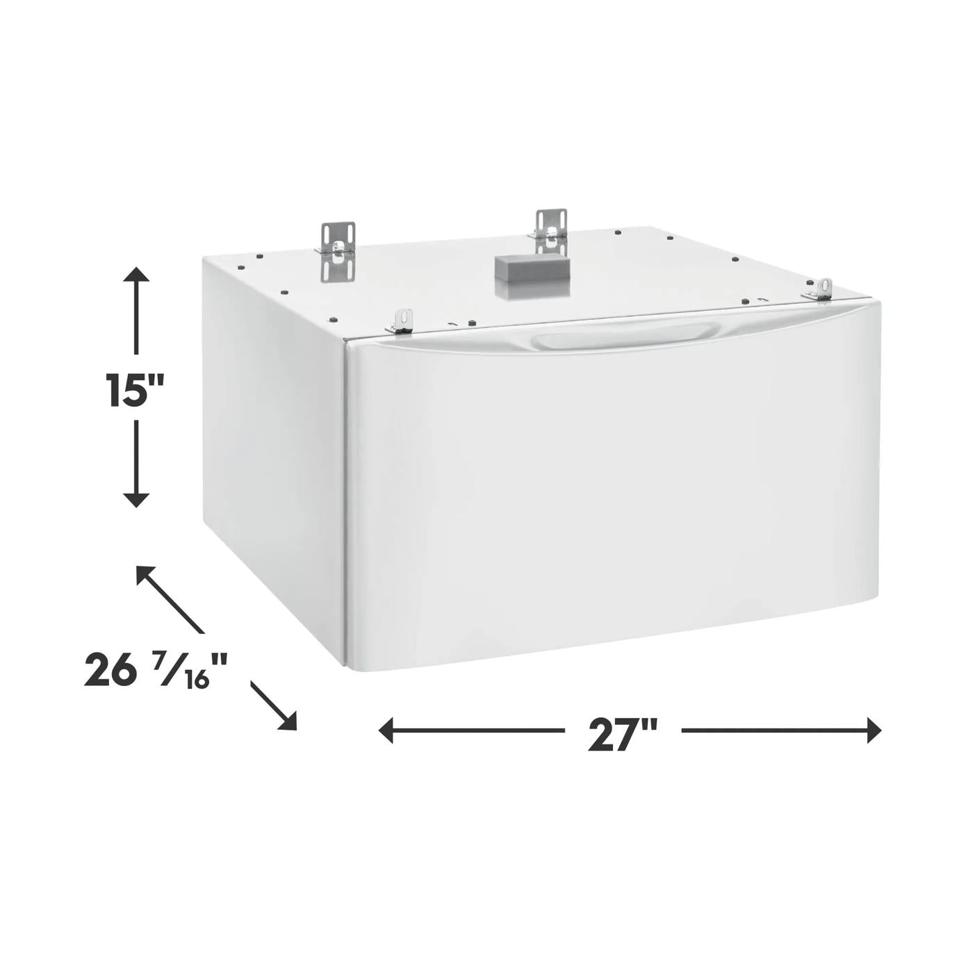 White laundry pedestal with spacious drawer and mounting brackets for washer or dryer appliance parts and accessories