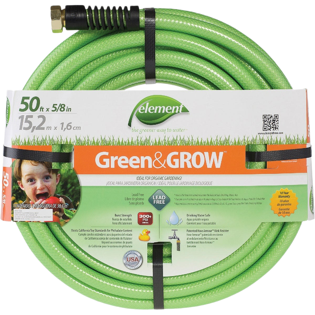 Light green garden hose coil with brass fitting, designed for eco-friendly watering and home improvement tasks