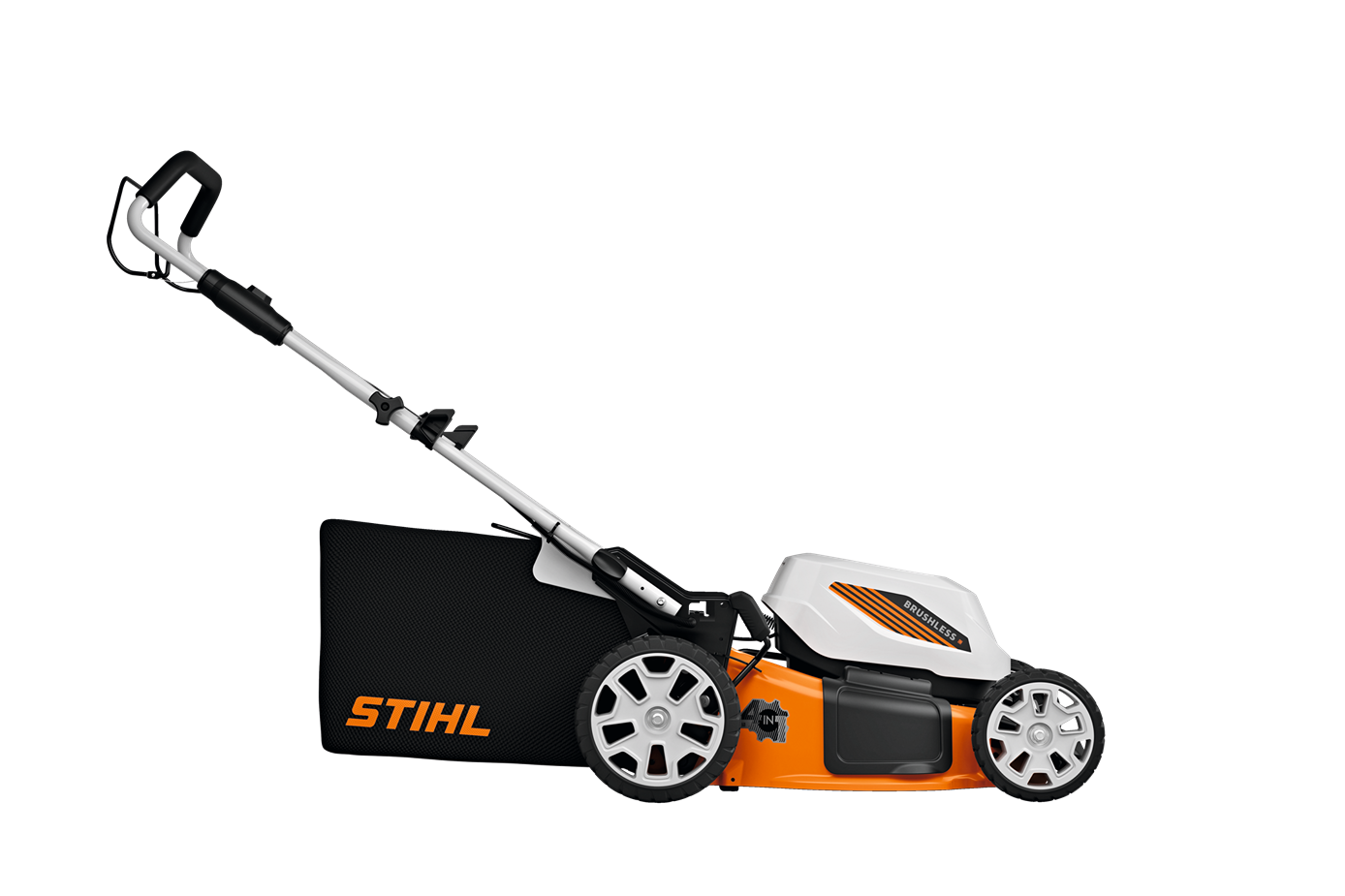 STIHL battery powered lawn mower with brushless motor, adjustable handle, steel deck, and rear grass collection for outdoor power equipment and home improvement.