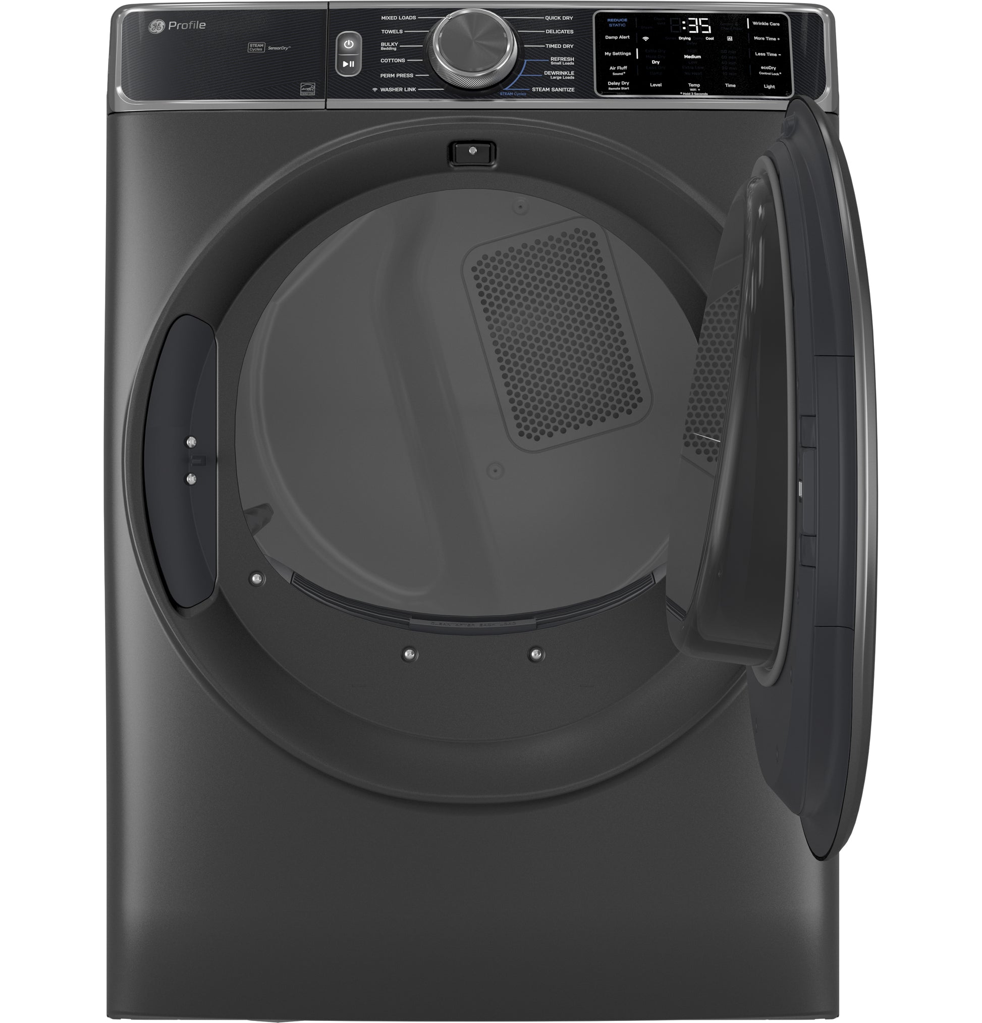 Smart front load electric dryer in dark finish with open door, digital controls in dryers and appliances collection