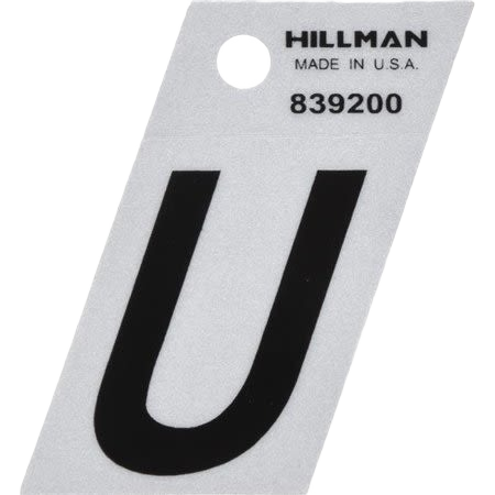 Black letter U on reflective silver mylar angle cut sticker with hole for hanging or attachment in home improvement use