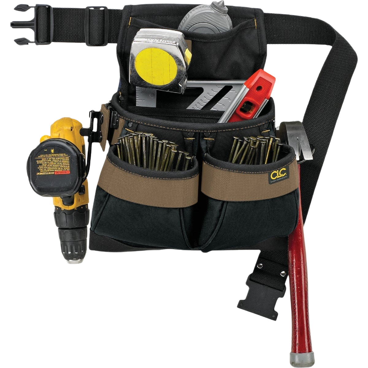 Compact tool bag with five pockets holding nails, tape measure, level, hammer, and cordless drill for woodworking tools storage.