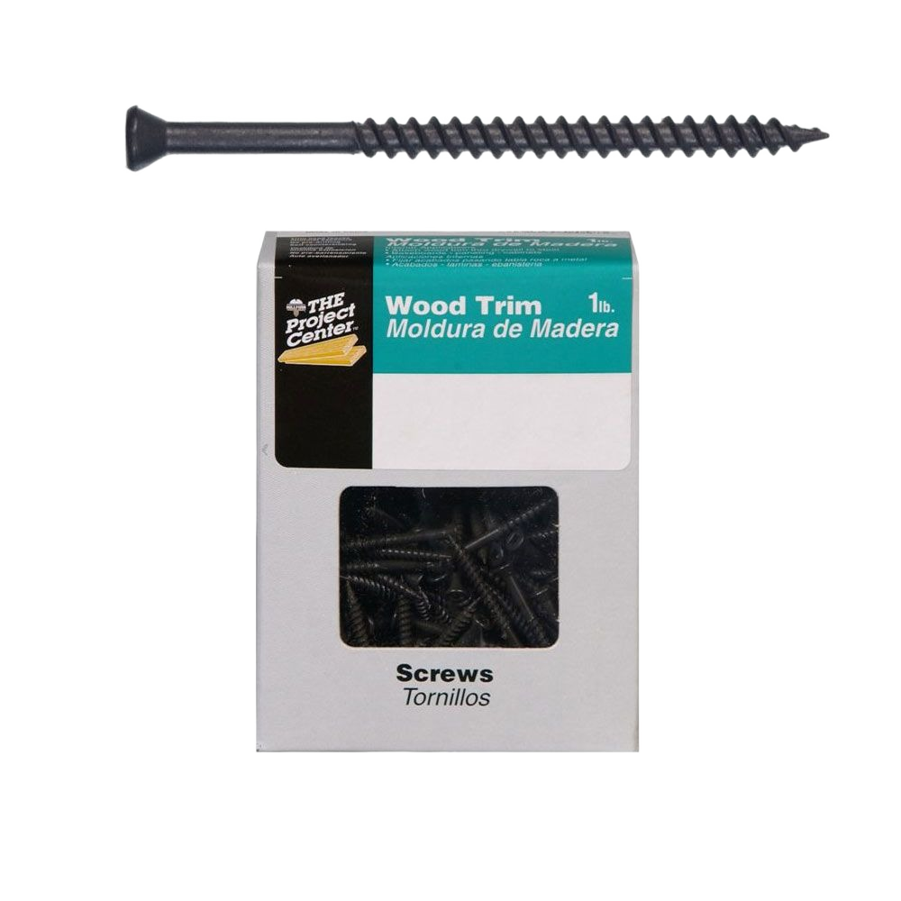 Box of black wood trim screws with sharp points and square drives for fastening in home improvement projects