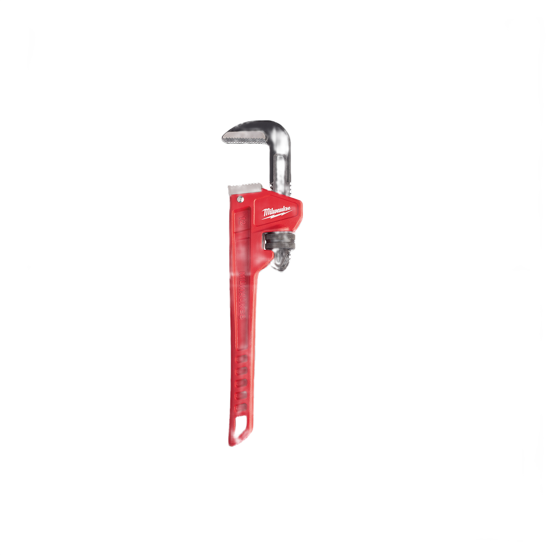 Red steel pipe wrench with adjustable jaw and ergonomic grip designed for plumbing and home improvement tasks