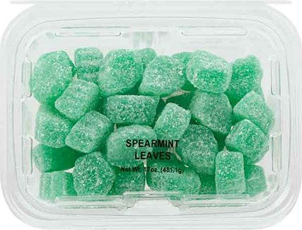 Clear plastic container filled with sugar-coated green spearmint leaf-shaped jell candies from Candy and Food & Beverage collections