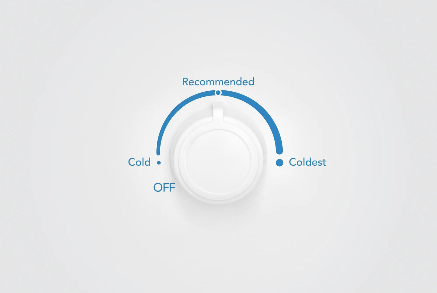 Close-up of a white temperature control dial with settings from Off to Coldest in appliances collection