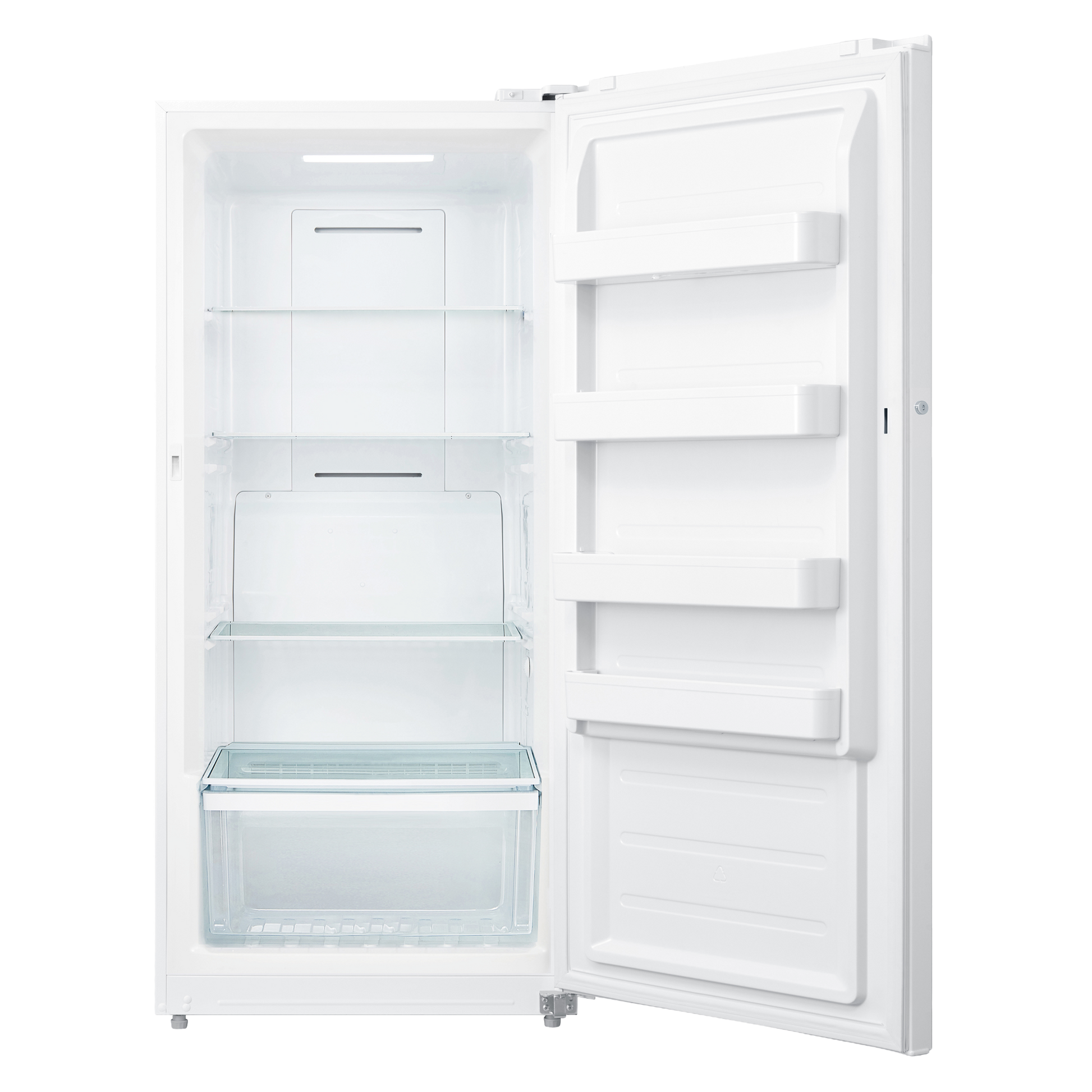 Open white upright freezer with glass shelves and clear storage drawer in home freezers collection