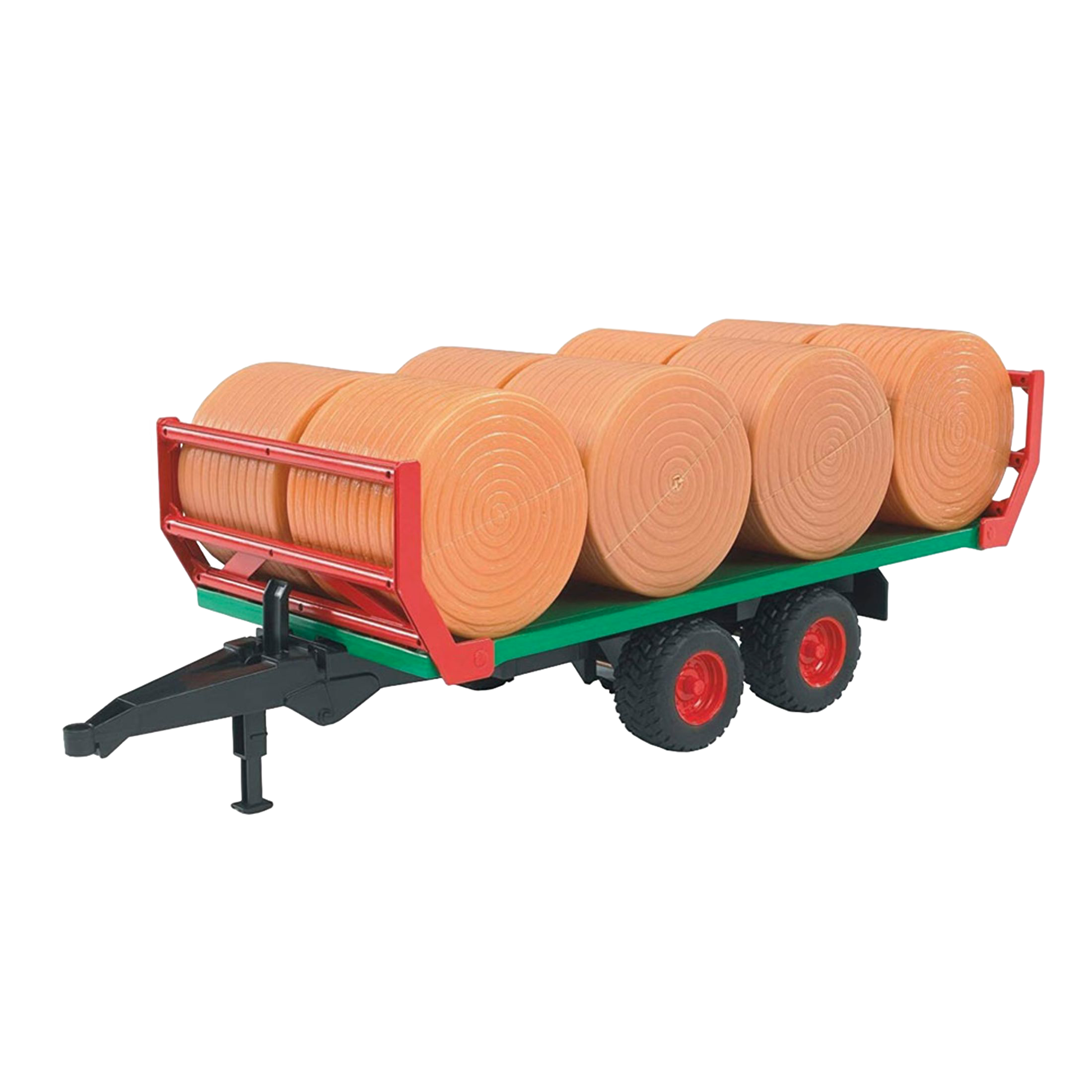 Toy bale transport trailer with eight round bales on green flatbed, part of vehicles and toys under $50 collection