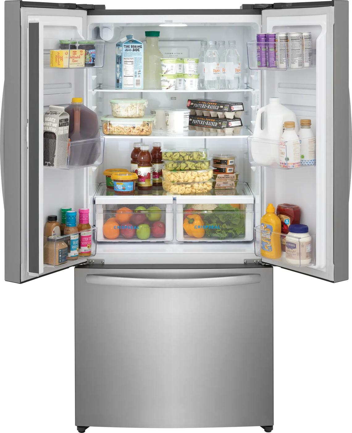 Stainless steel counter-depth French door refrigerator with open doors showing organized shelves and crisper drawers for kitchen appliances collections