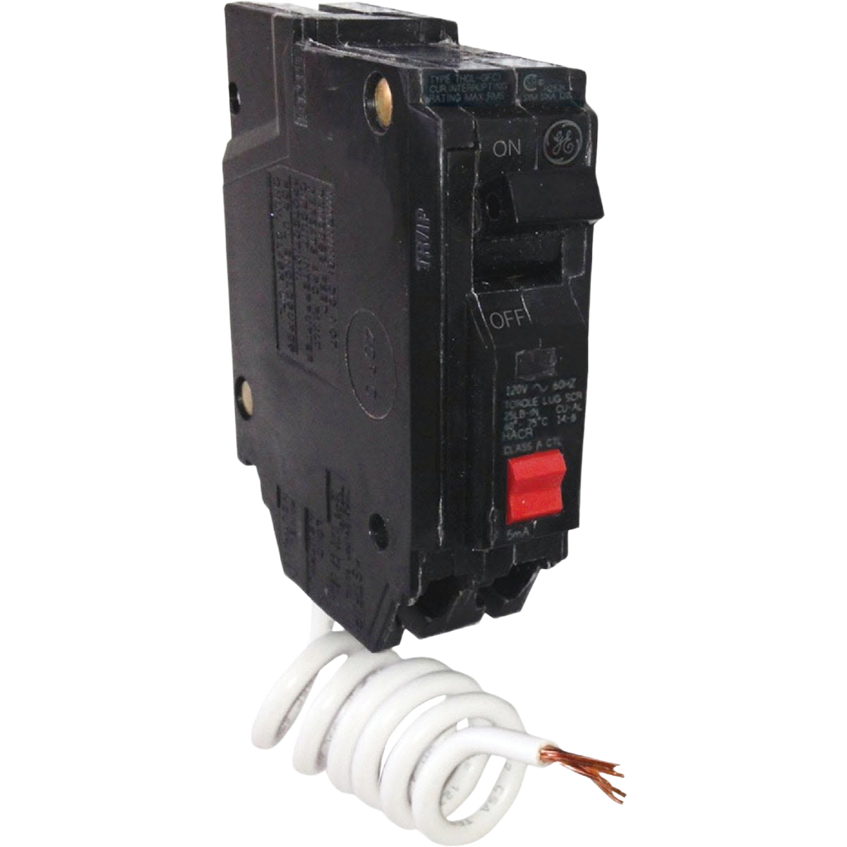 Black GE electrical breaker switch with coiled white wire for home and electrical safety installations