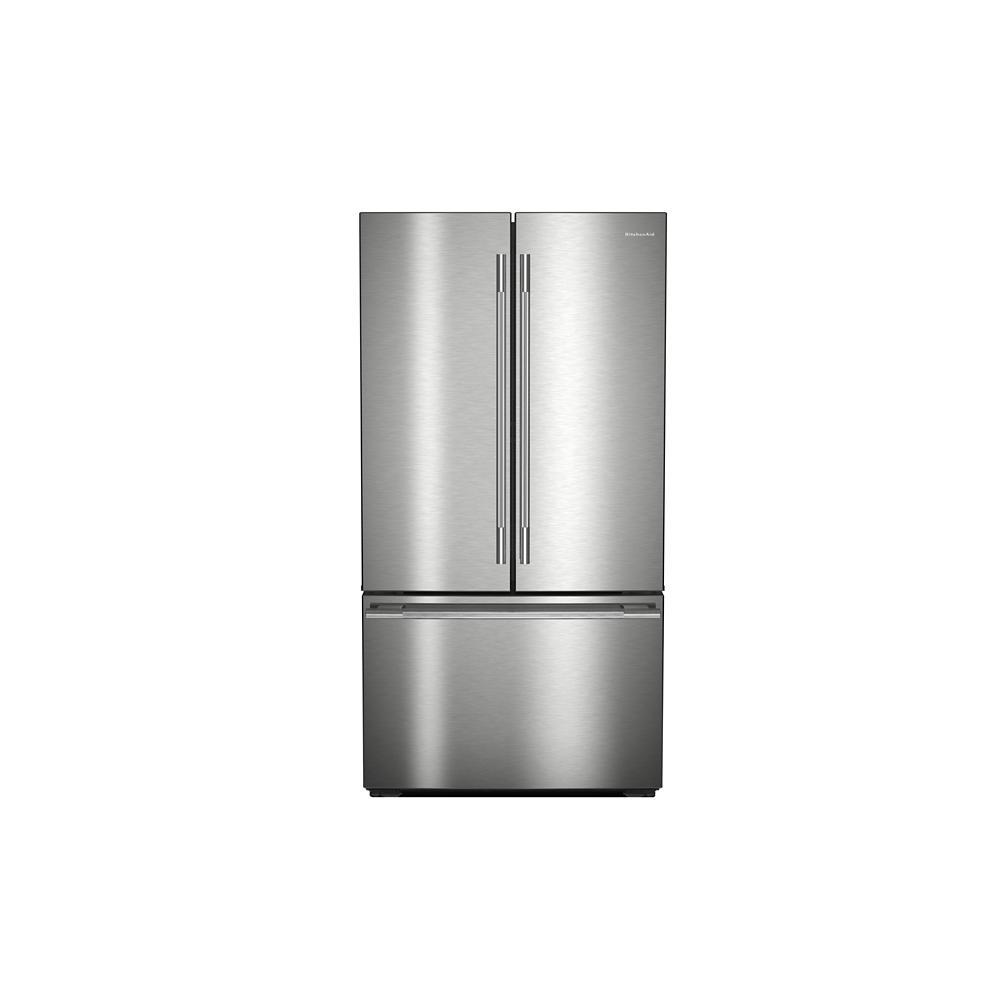 Modern stainless steel counter-depth French door refrigerator with bottom freezer and sleek vertical handles from kitchen appliances collection