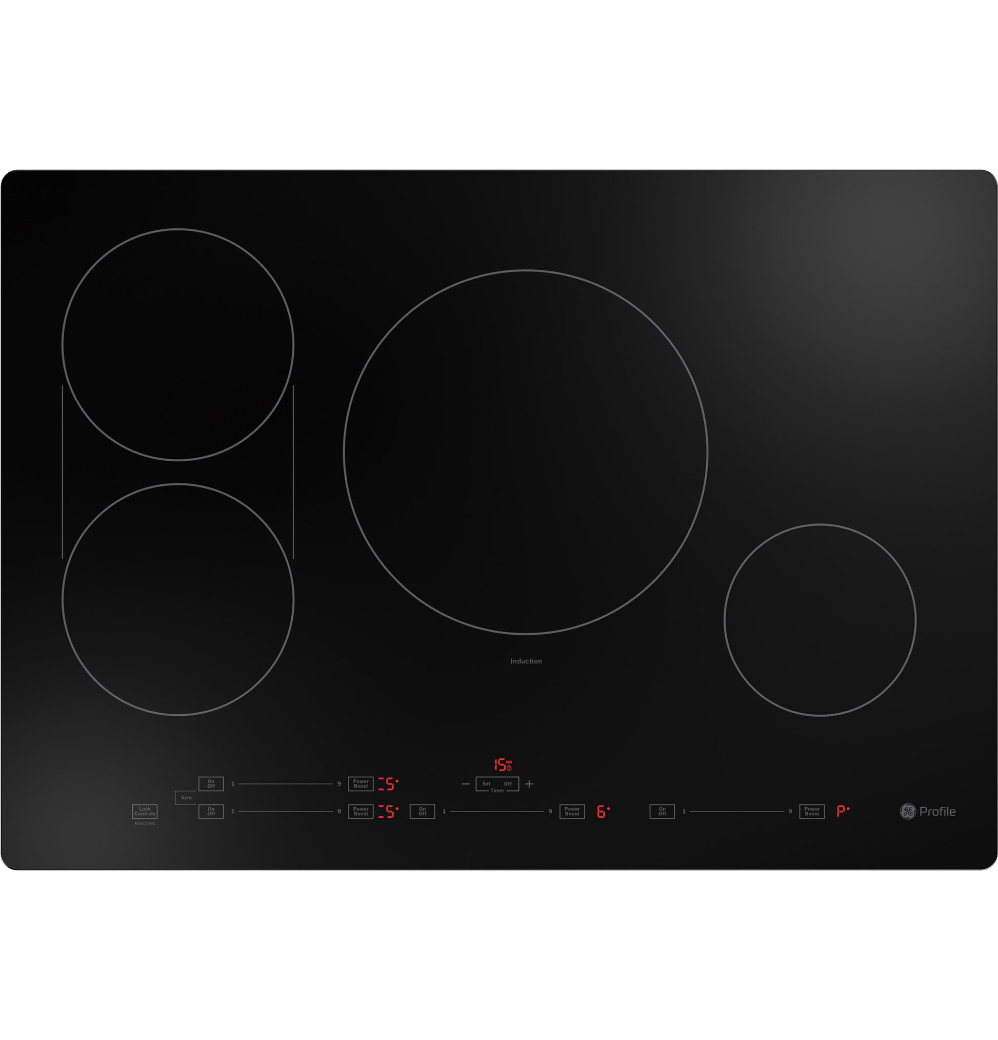 Black built-in induction cooktop with five cooking zones and digital touch controls from Induction Cooktops collection