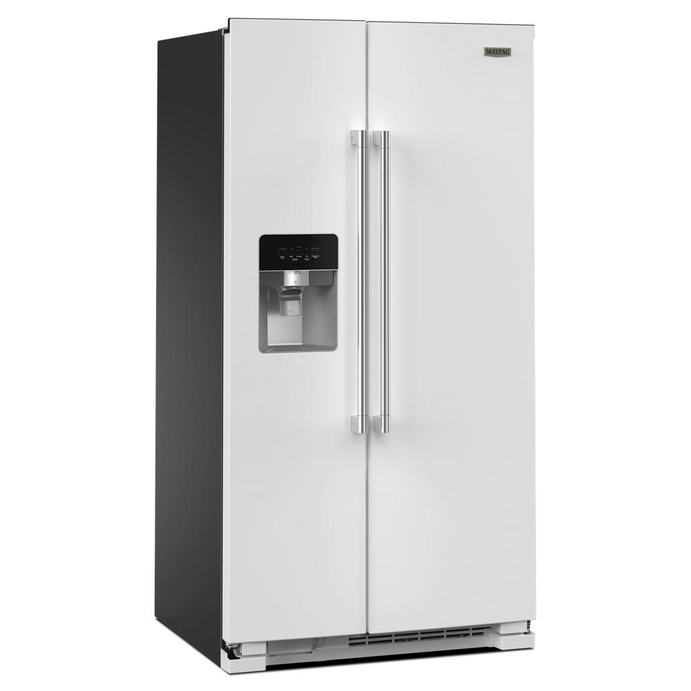 White side-by-side refrigerator with water and ice dispenser and metal handles in kitchen appliances collection