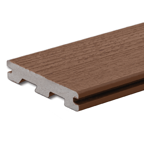 Grooved brown oak composite deck board with rugged wood grain texture for outdoor decking and lumber projects under $100