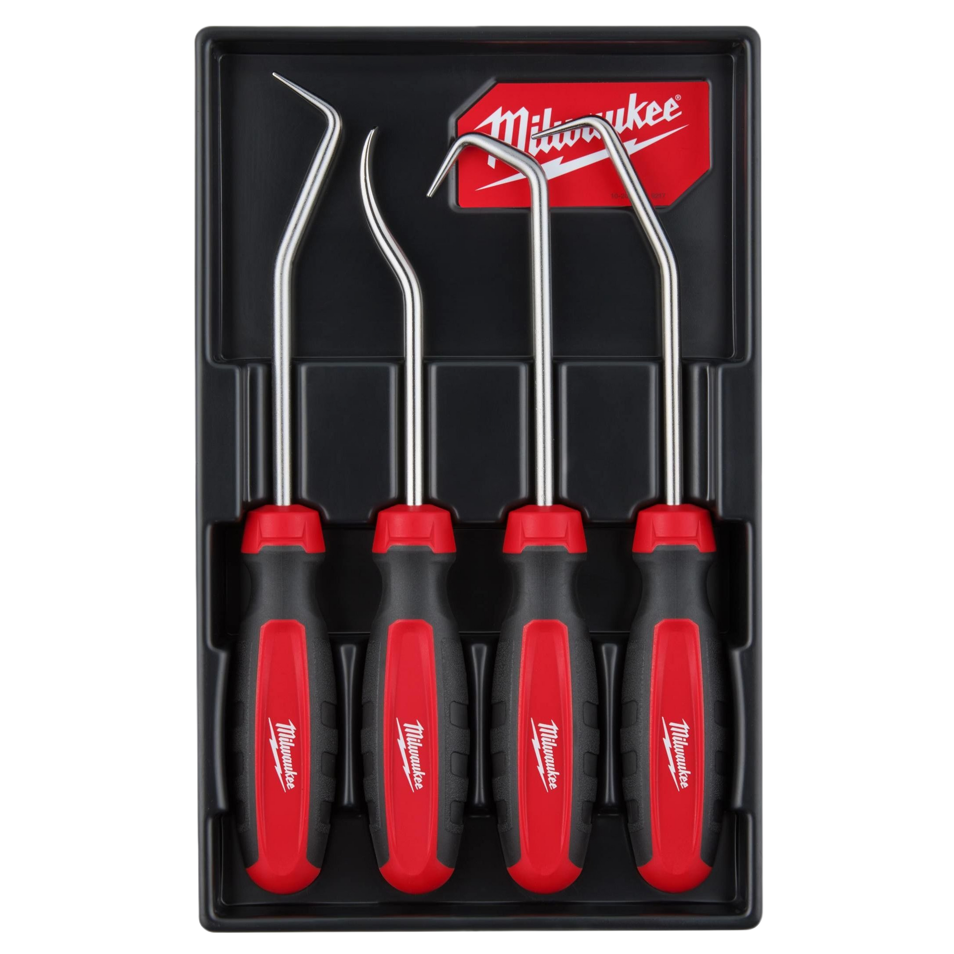Set of four red and black Milwaukee hose picks with stainless steel shafts for home improvement and tools tasks