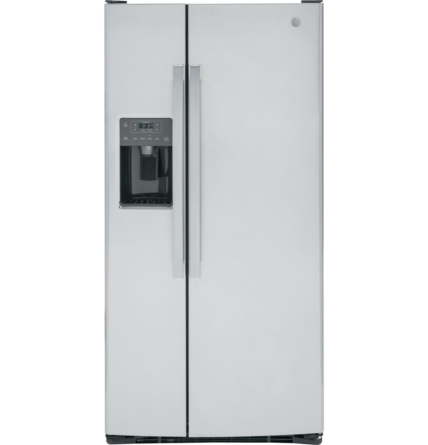 Stainless steel side-by-side refrigerator featuring external ice and water dispenser in kitchen appliances collection