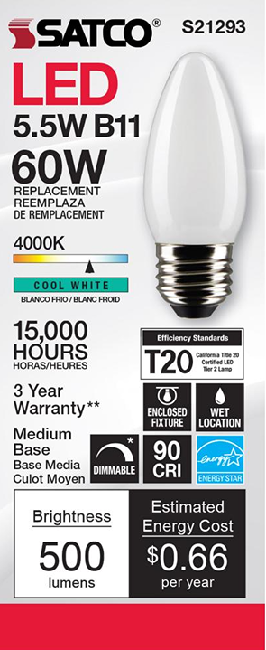 Satco 5.5 watt B11 LED bulb with medium base, cool white 4000K light, 15000-hour lifespan, and energy-efficient design for home improvement.