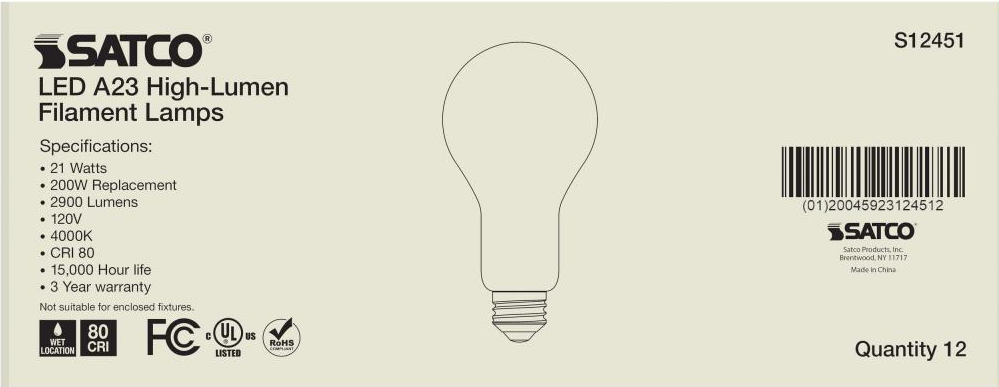 Satco 21 watt LED A23 frosted cool white bulb with medium base for energy-saving home and office lighting
