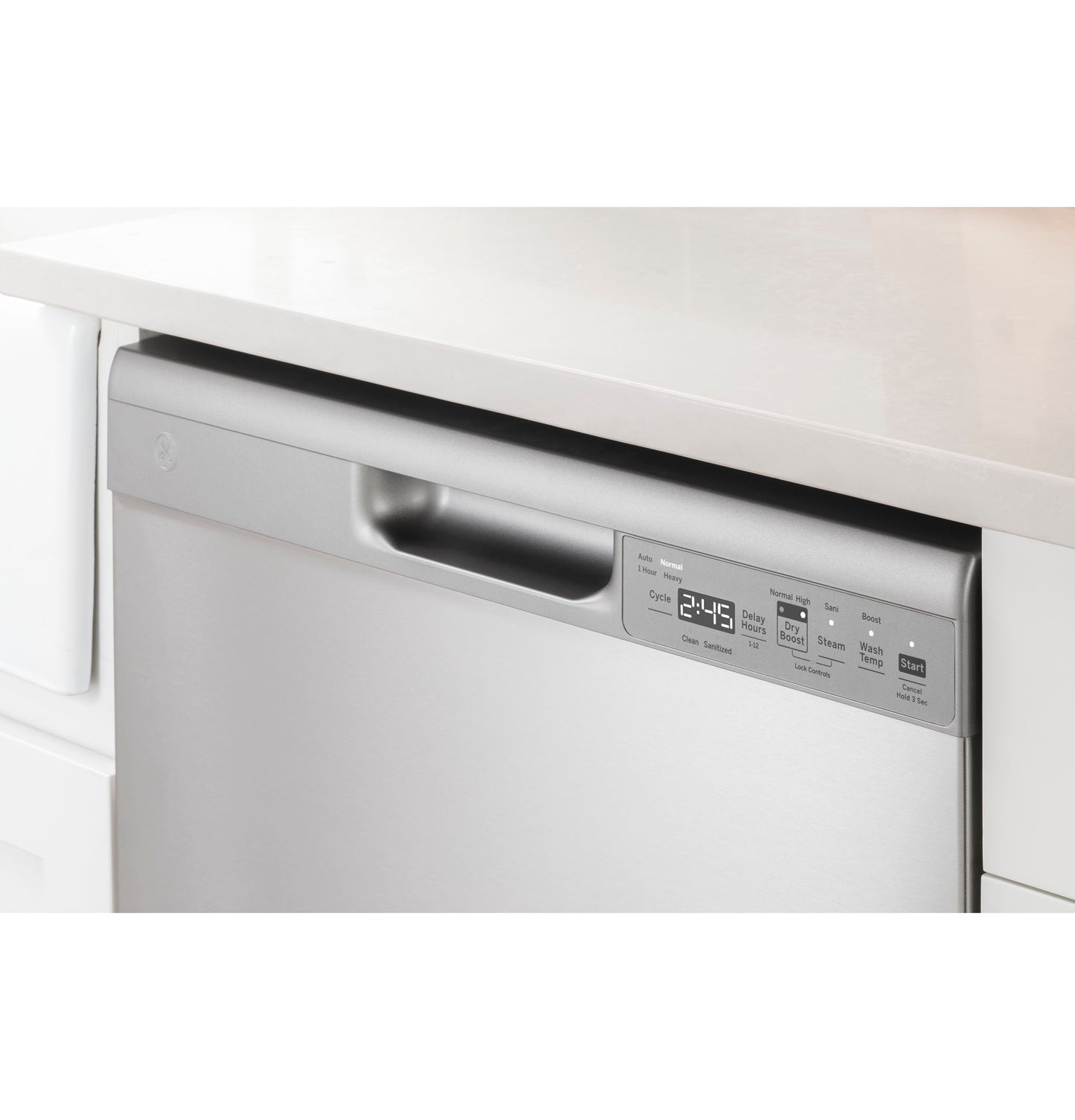 Close-up of stainless steel front control dishwasher with digital display integrated into white kitchen cabinetry