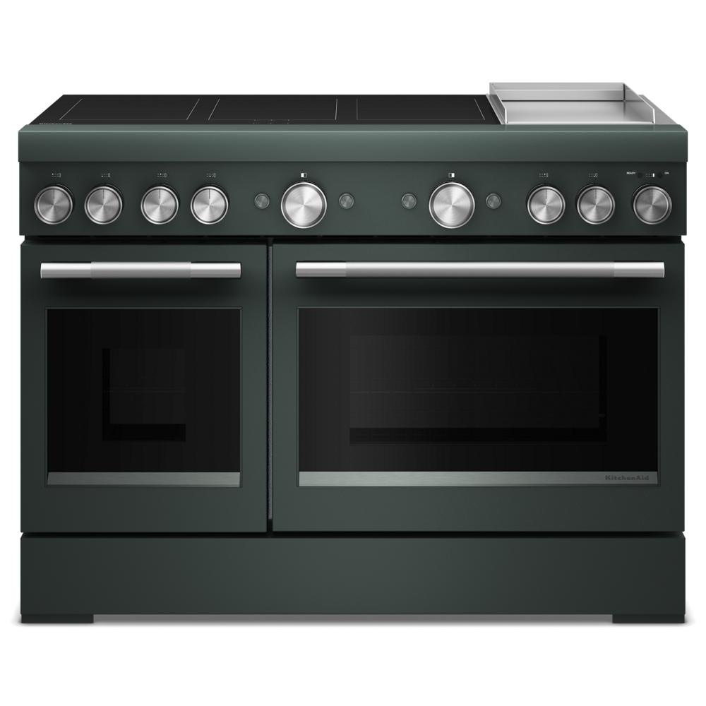 Front view of dark green freestanding induction range with dual ovens, griddle, and stainless steel control knobs in kitchenware collection