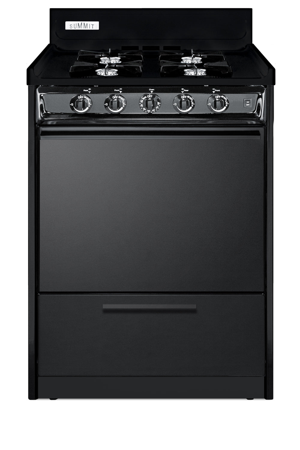 24-inch black gas range with four open burners, control knobs, and lower storage compartment for home use