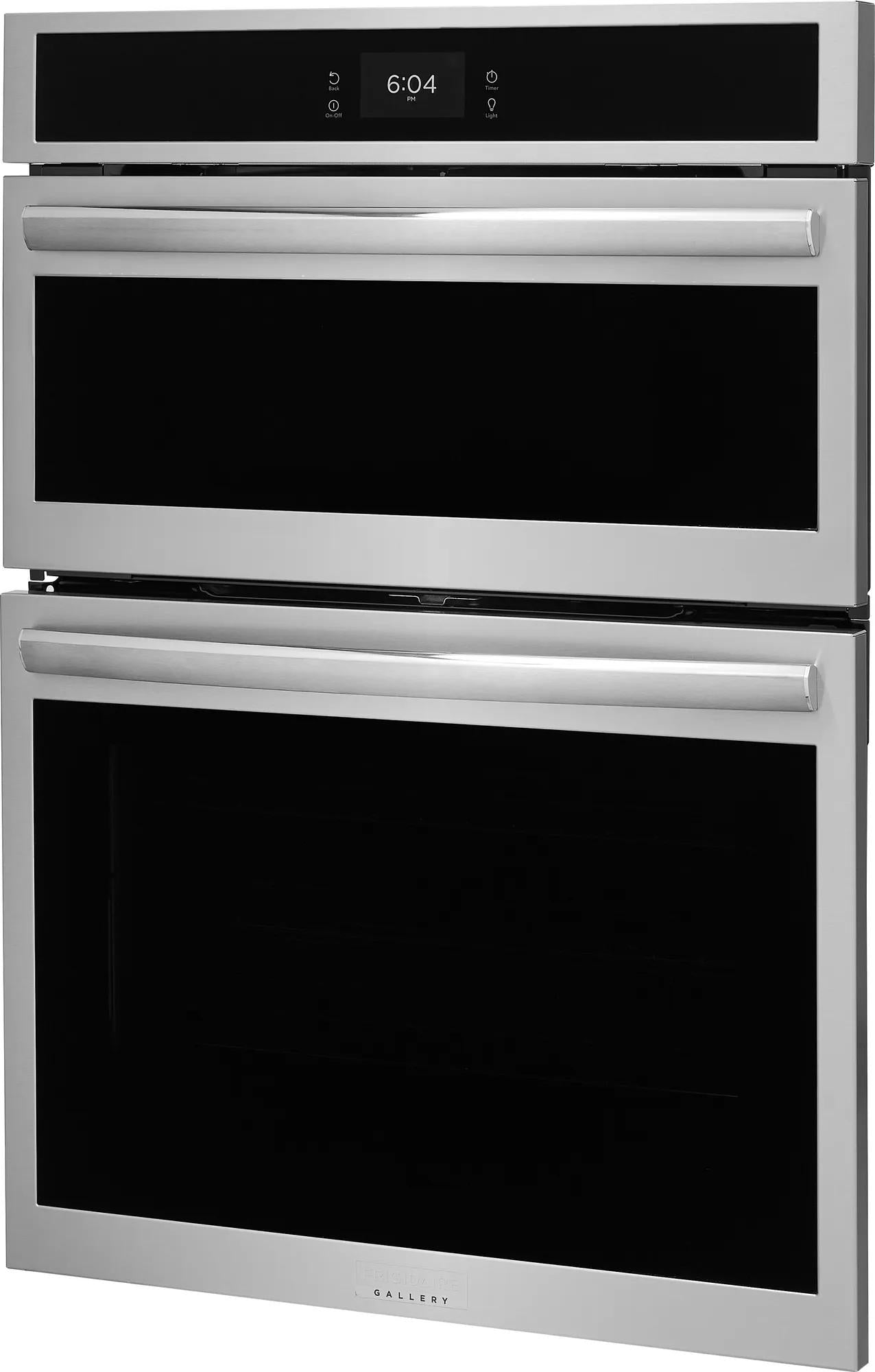 Stainless steel electric wall oven and microwave combo with digital clock and sleek handles from kitchen appliance collection