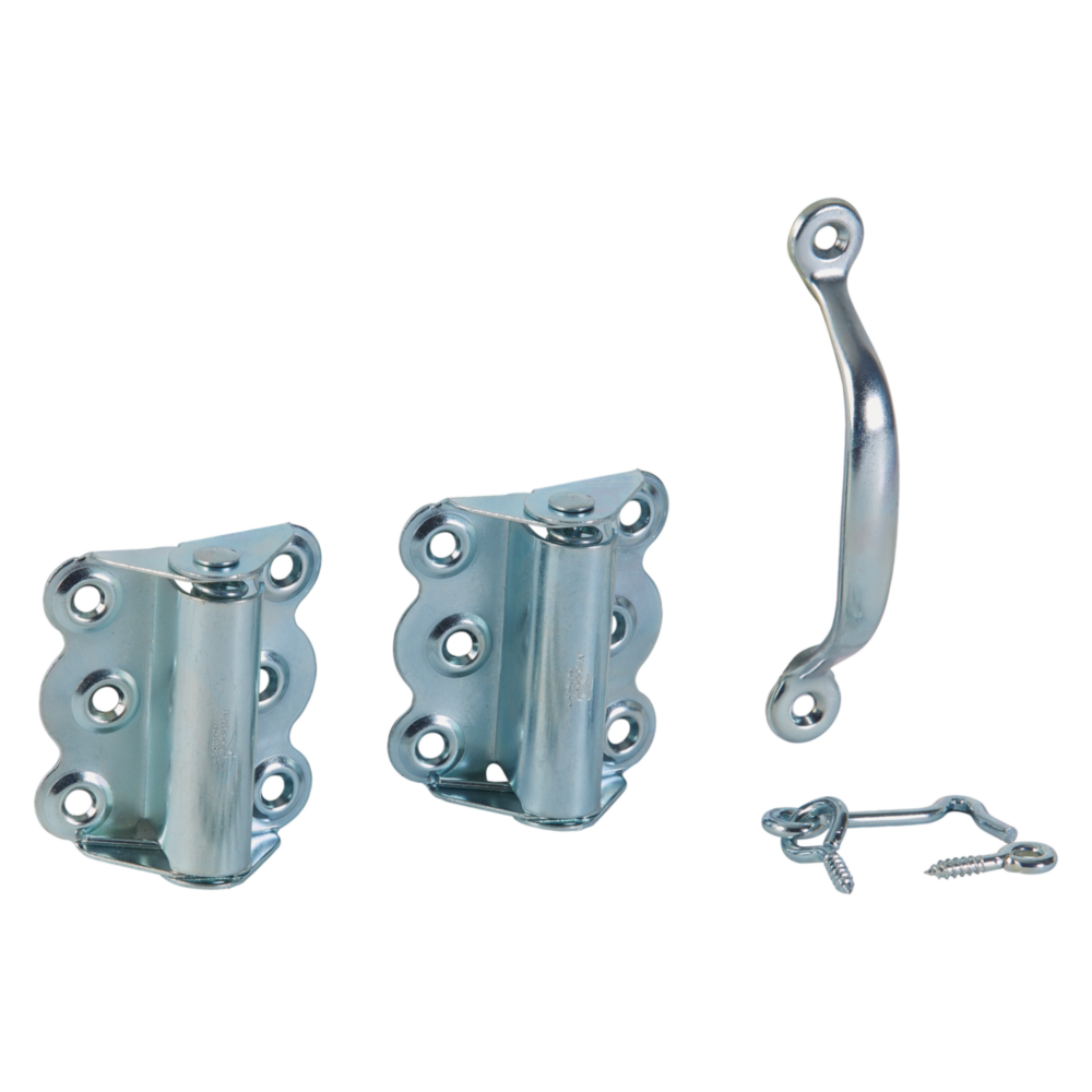 Zinc-plated door hardware set including two hinges, a hook and eye latch for door and gate accessory projects under $50