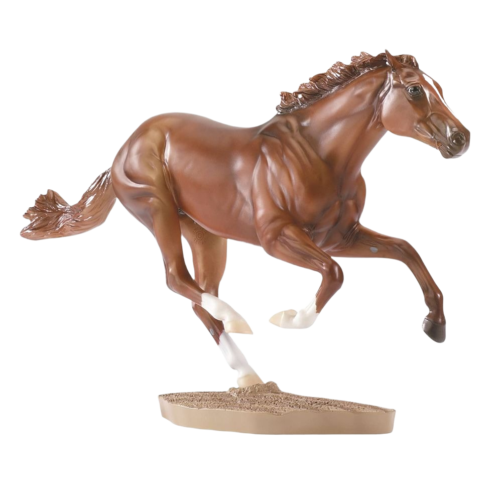 Brown model horse figurine in mid-gallop pose with white hooves and detailed musculature on display