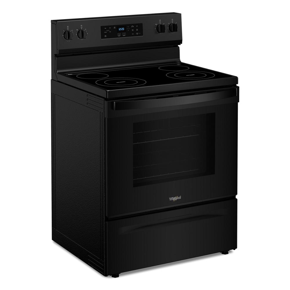 Black 30-inch electric range with digital controls, smooth cooktop, and self-clean oven from appliances collection