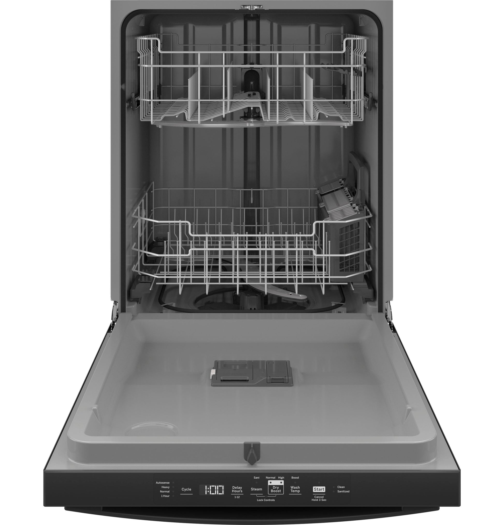 Open black top control dishwasher with plastic interior and adjustable upper rack in appliances collection