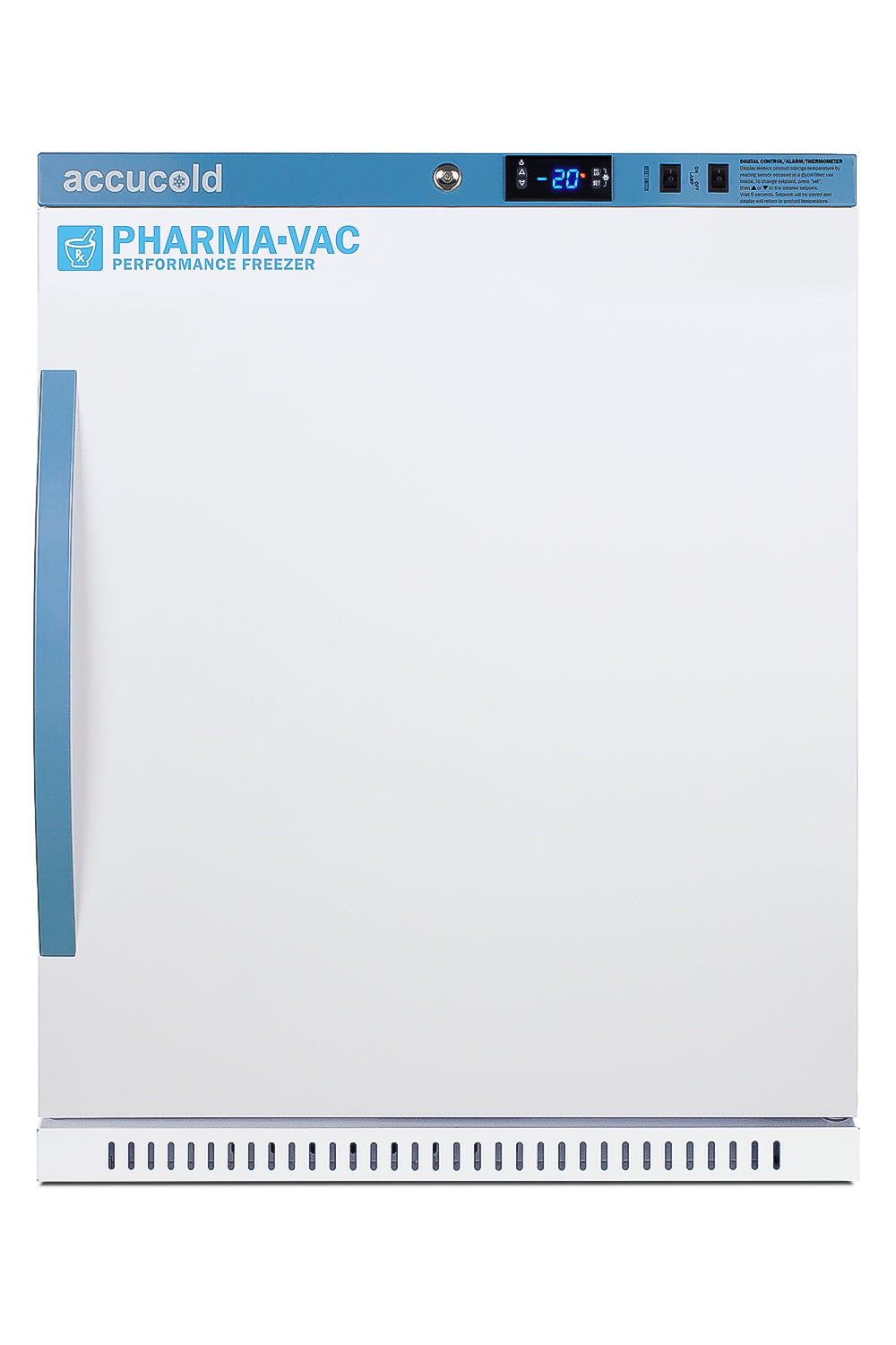 Compact white vaccine freezer with digital temperature display and blue handle in appliances and kitchenware collections