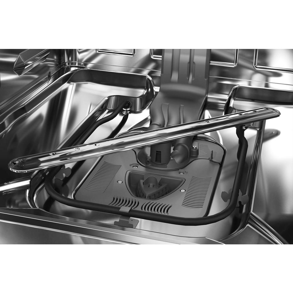 Stainless steel interior with dual spray arms and power filtration system inside kitchen dishwasher appliance
