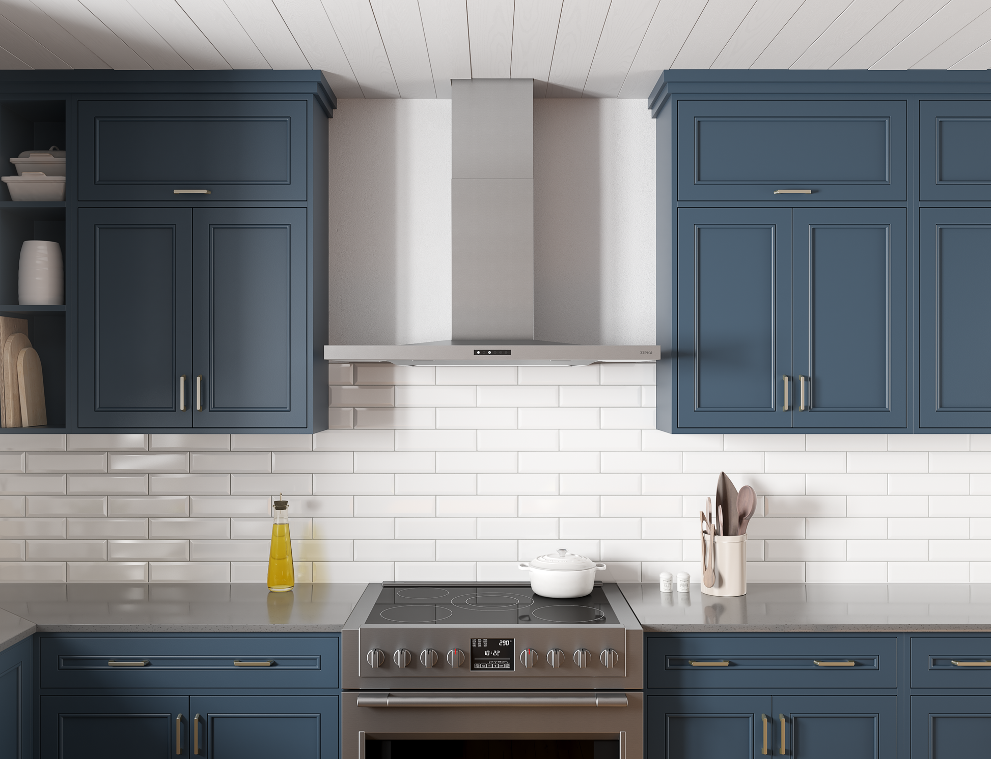 Stainless steel wall mounted range hood installed above stove with blue cabinetry in modern kitchen setting