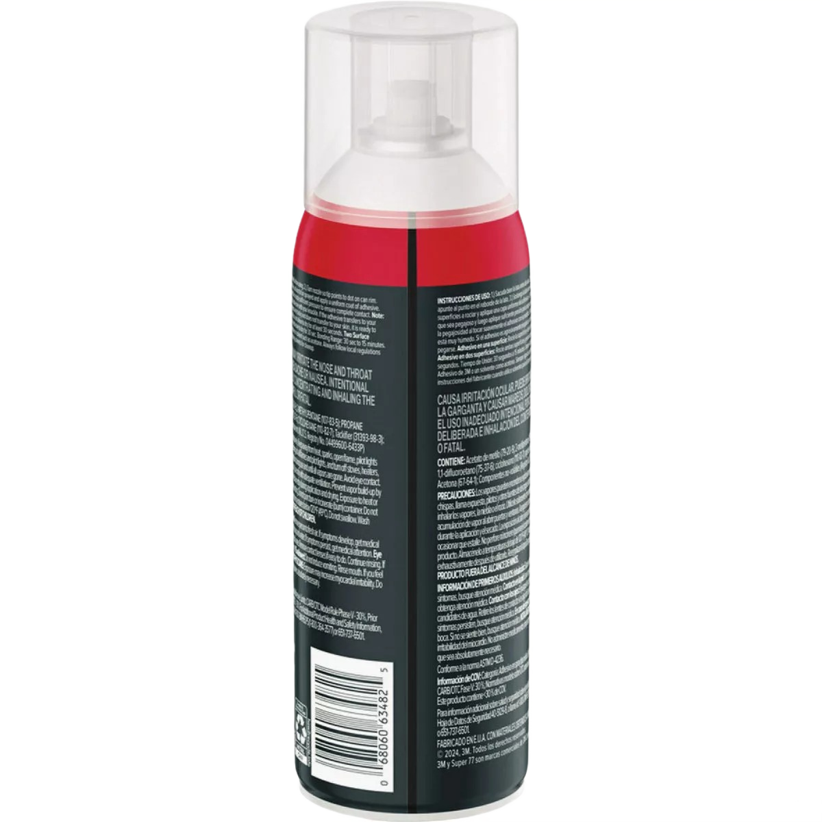 Black and red spray adhesive can with protective clear cap for multi-surface home improvement use and tools