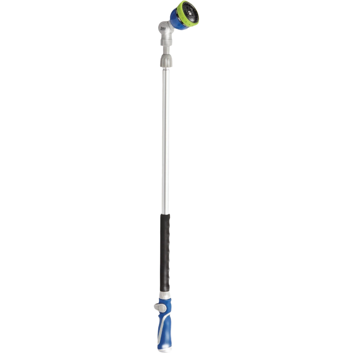 Blue and gray telescoping water wand with adjustable spray head and ergonomic grip for garden and home improvement tasks