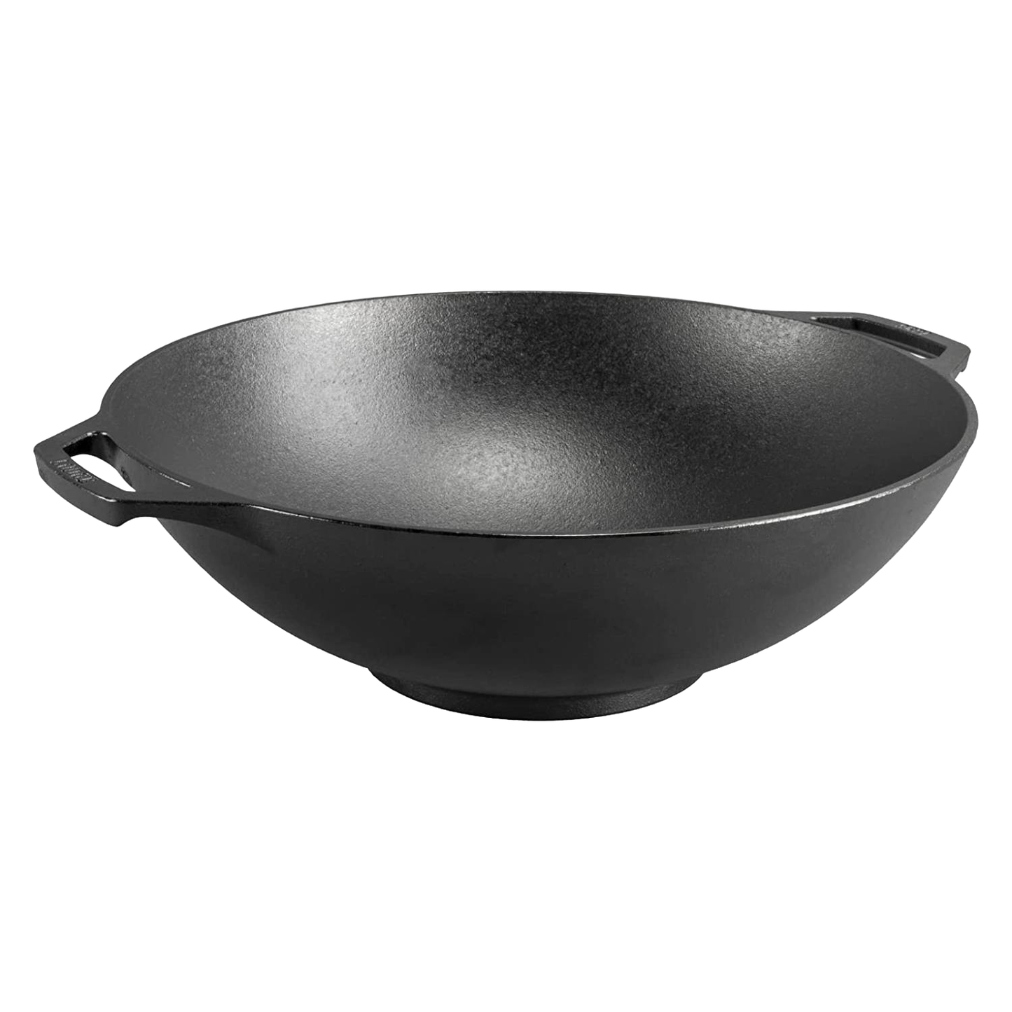 Black cast iron wok with wide base and side handles, part of Kitchenware and Lodge Cast Iron collections under $100