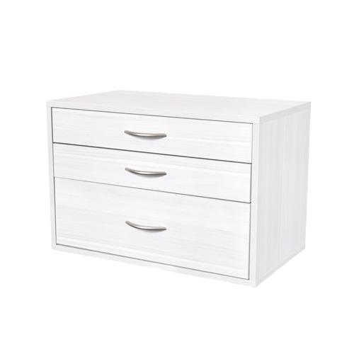 Compact white storage cabinet with three drawers for closet organization and garage storage solutions