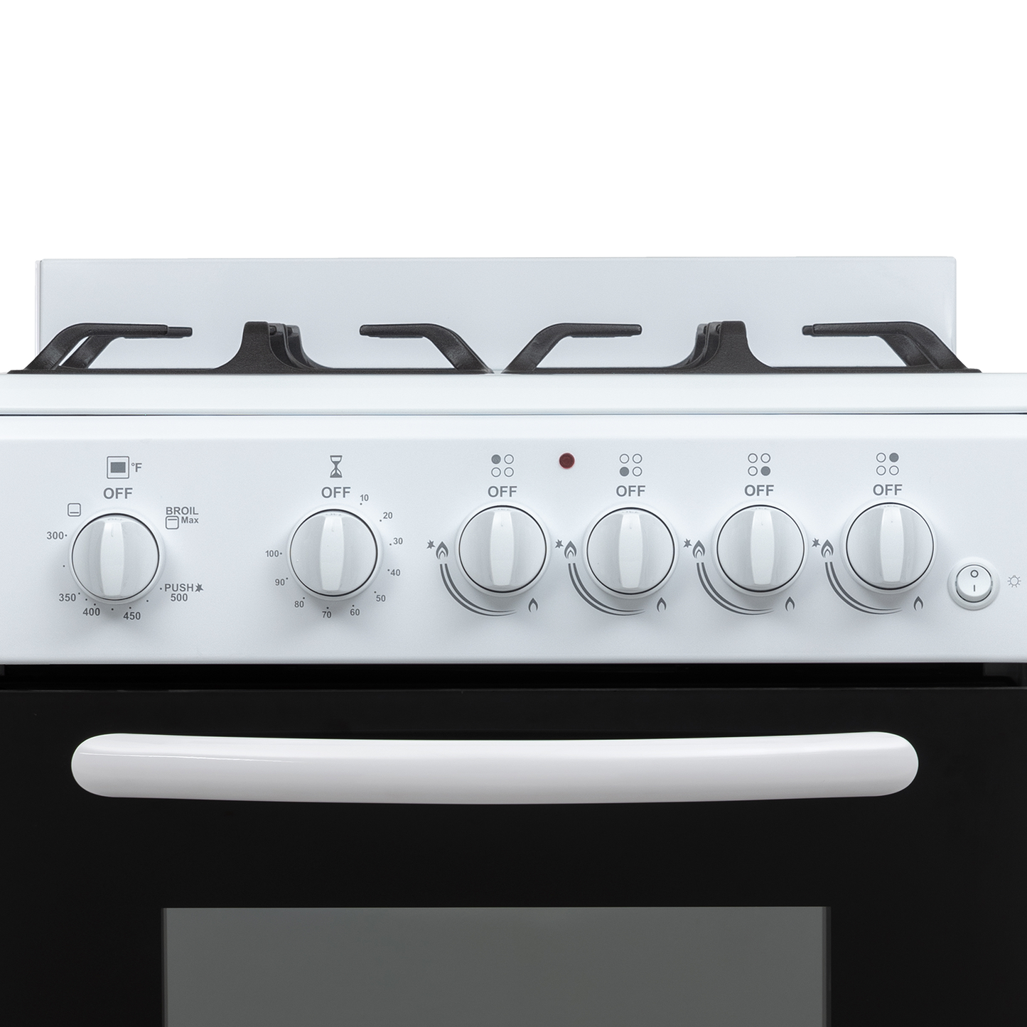 White gas range control panel with six knobs and heavy-duty cast iron grates in kitchen and home improvement appliances collection